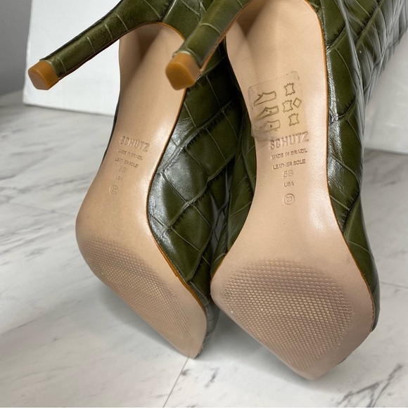 Schutz Maryana Military Green Crocodile Embossed Leather Tall Heeled Boot 5B - Picture 12 of 15